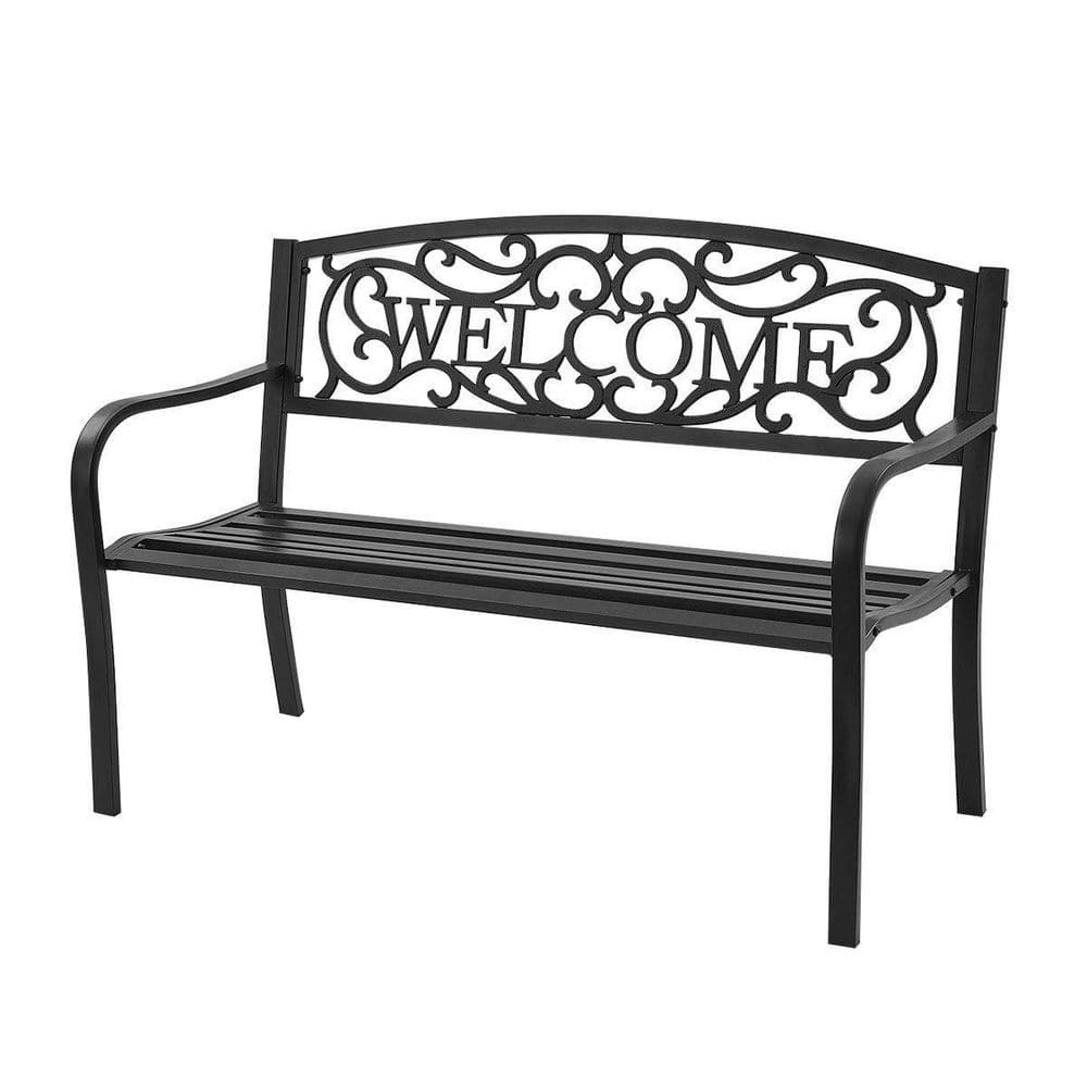 Black Metal Outdoor Patio Bench with Cast Iron Welcome Backrest