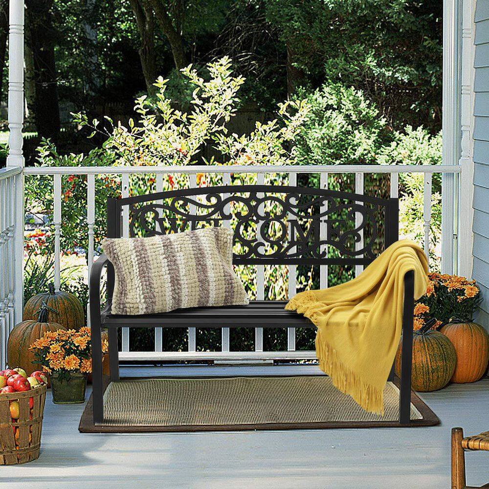 Black Metal Outdoor Patio Bench with Cast Iron Welcome Backrest