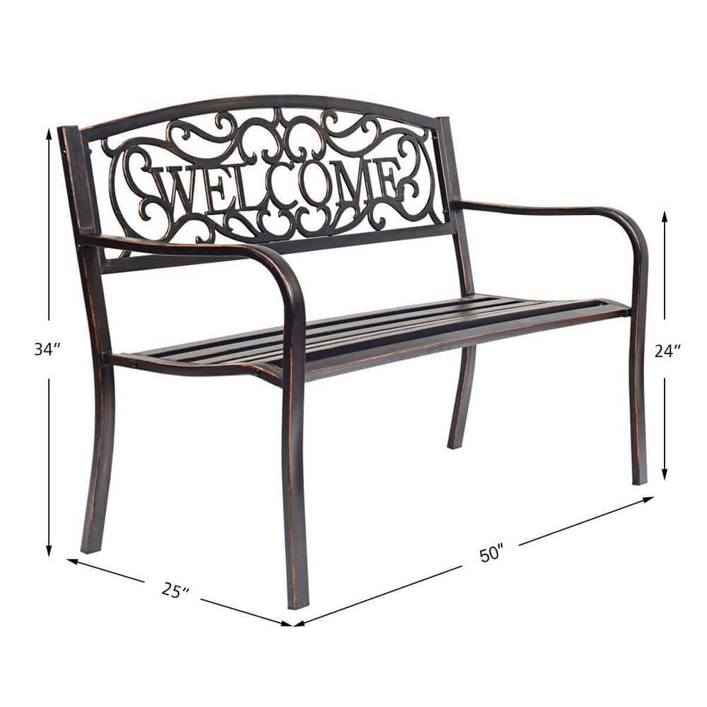 Black Metal Outdoor Patio Bench with Cast Iron Welcome Backrest