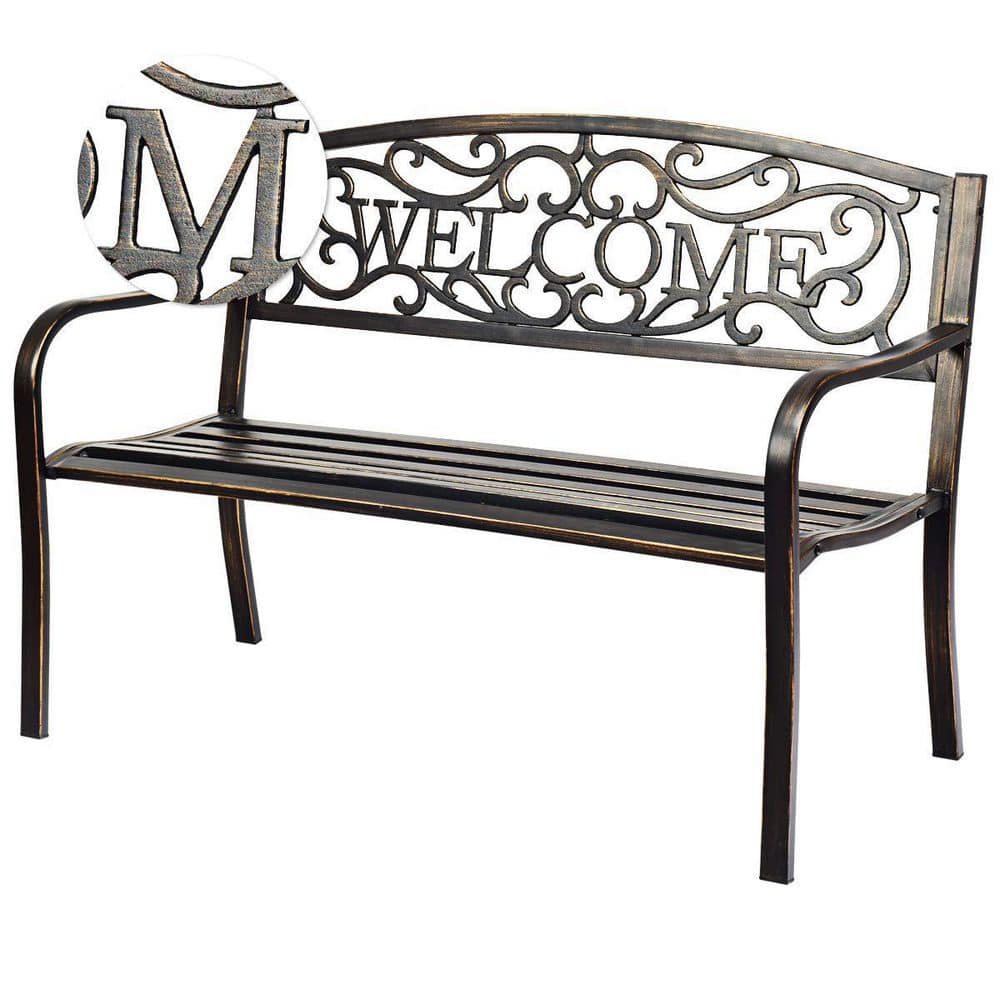 Black Metal Outdoor Patio Bench with Cast Iron Welcome Backrest
