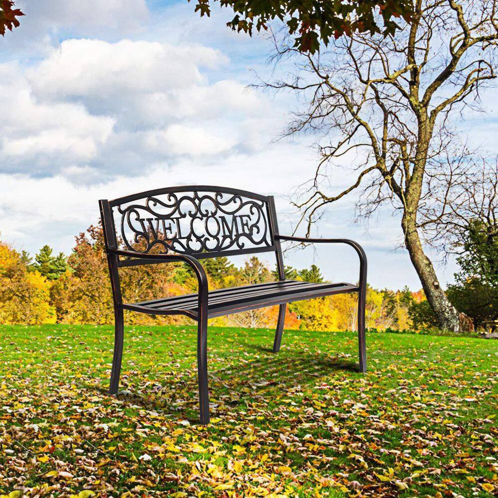 Black Metal Outdoor Patio Bench with Cast Iron Welcome Backrest