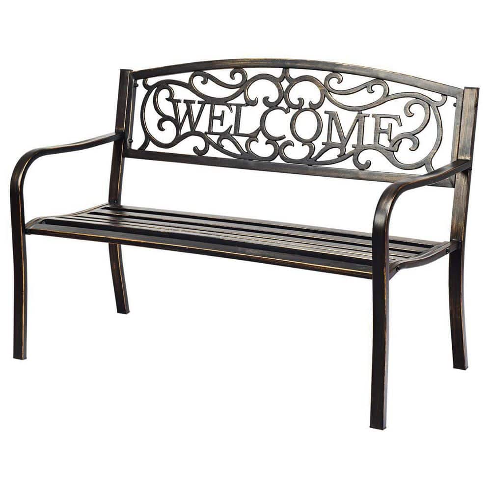 Black Metal Outdoor Patio Bench with Cast Iron Welcome Backrest