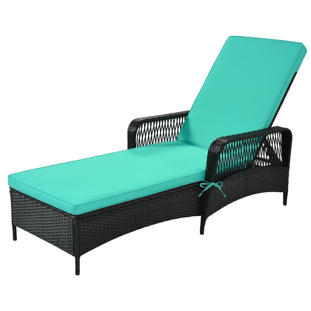 Black Wicker Outdoor Patio Chaise Lounge with Adjustable Backrest and Green Cushions