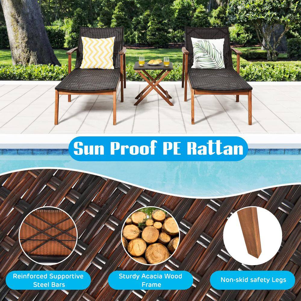 Black 3-Piece Wicker Outdoor Chaise Lounge with Folding Table