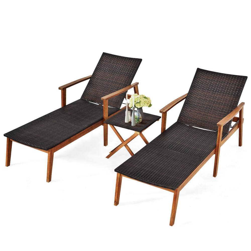 Black 3-Piece Wicker Outdoor Chaise Lounge with Folding Table