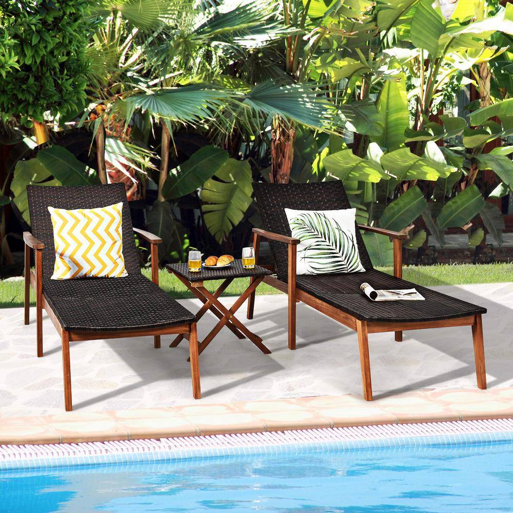 Black 3-Piece Wicker Outdoor Chaise Lounge with Folding Table