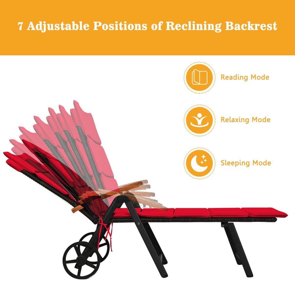 Brown Metal Folding Outdoor Patio Chaise Lounge with Wheels and Red Cushion