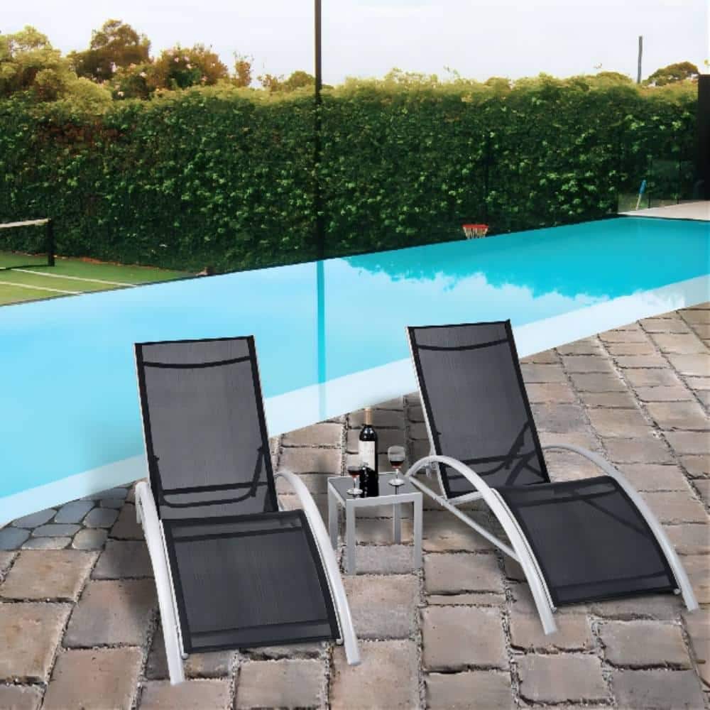 Black 3-Piece Aluminum Outdoor Chaise Lounge with Coffee Table