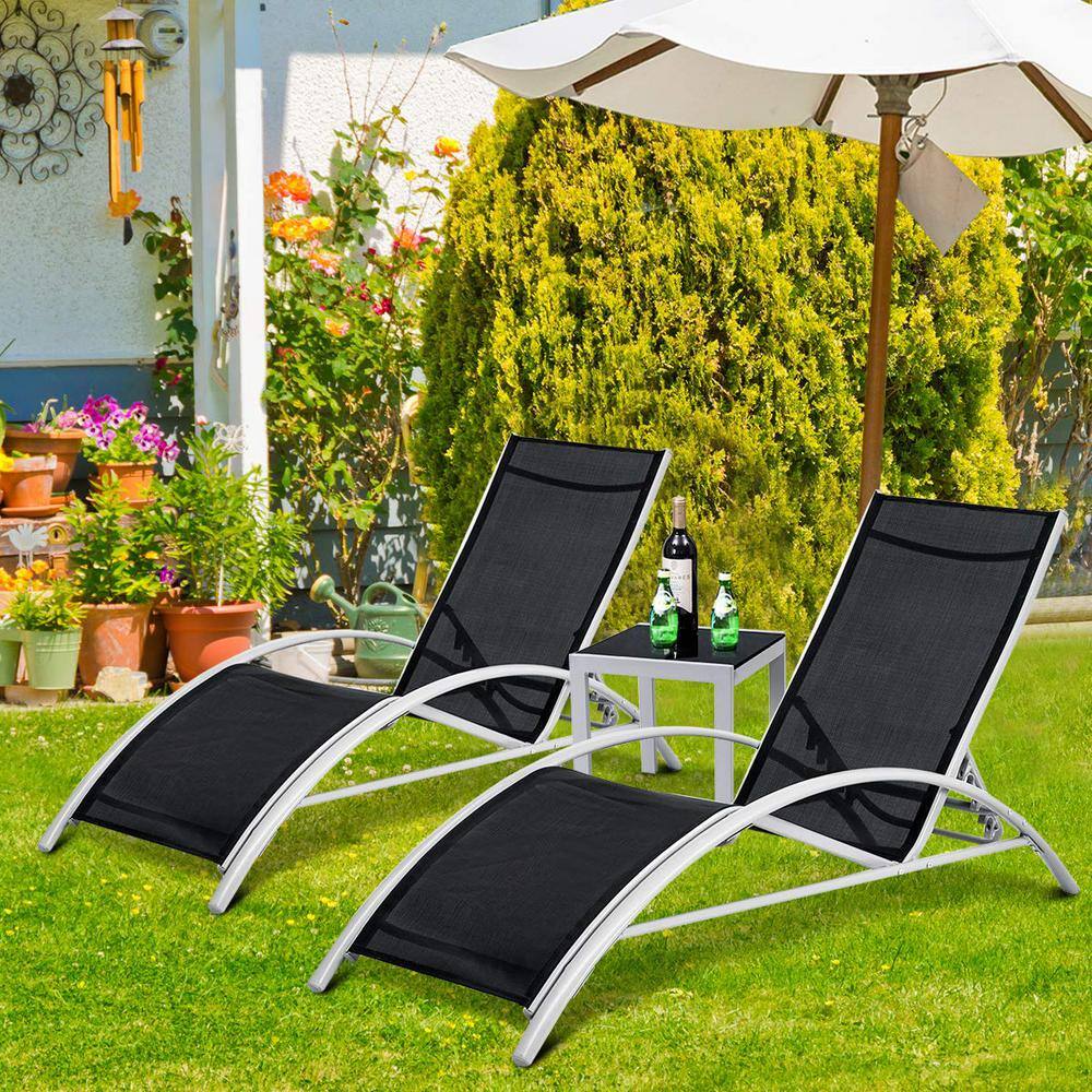 Black 3-Piece Aluminum Outdoor Chaise Lounge with Coffee Table