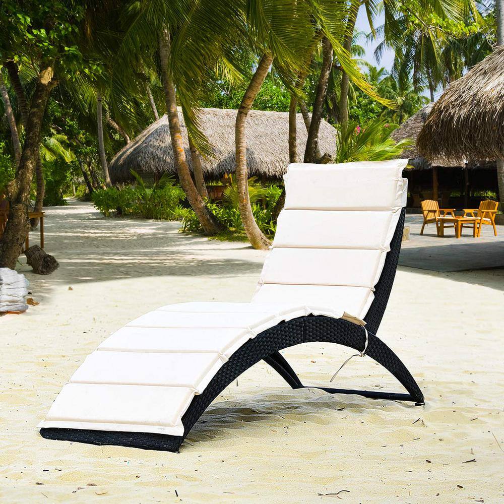 Black Wicker Folding Outdoor Patio Chaise Lounge with White Cushion