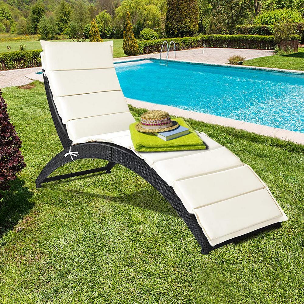 Black Wicker Folding Outdoor Patio Chaise Lounge with White Cushion