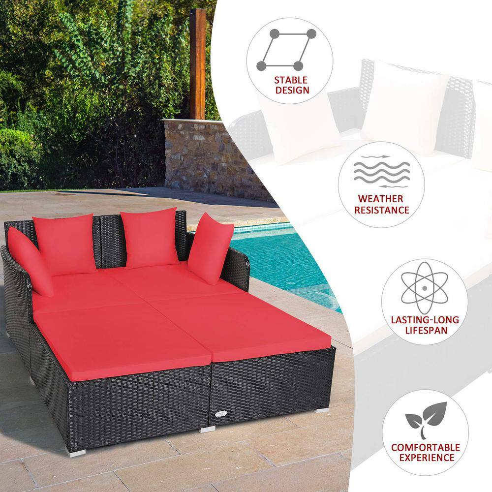 Black 1-Piece Metal Wicker Outdoor Day Bed with Red Cushions