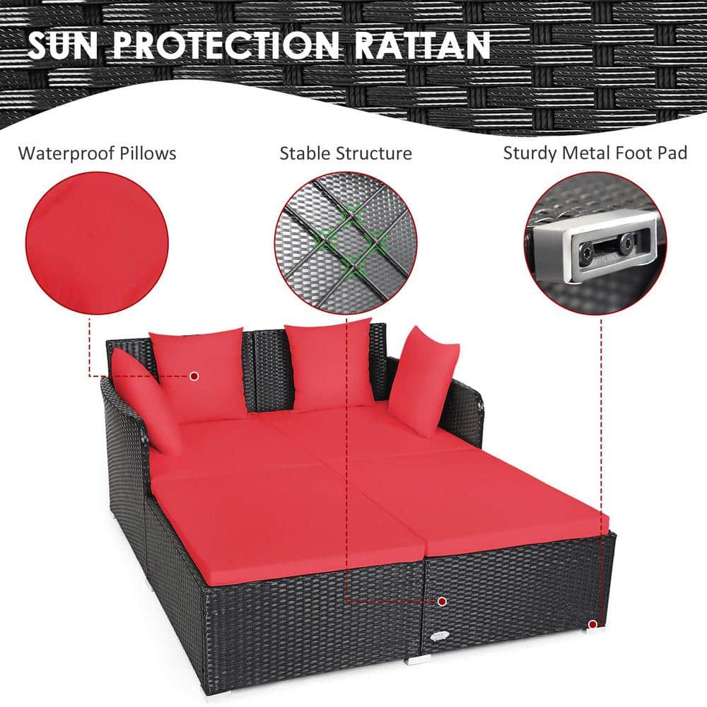 Black 1-Piece Metal Wicker Outdoor Day Bed with Red Cushions