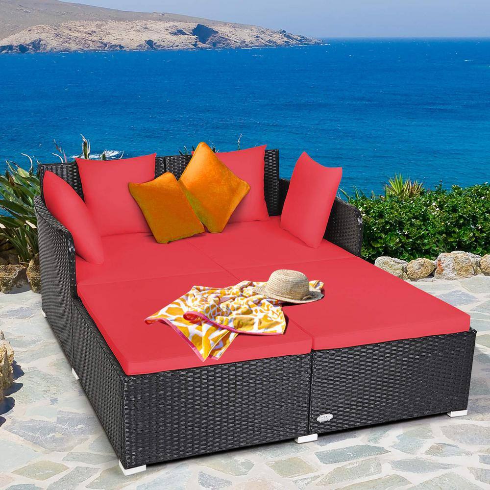 Black 1-Piece Metal Wicker Outdoor Day Bed with Red Cushions
