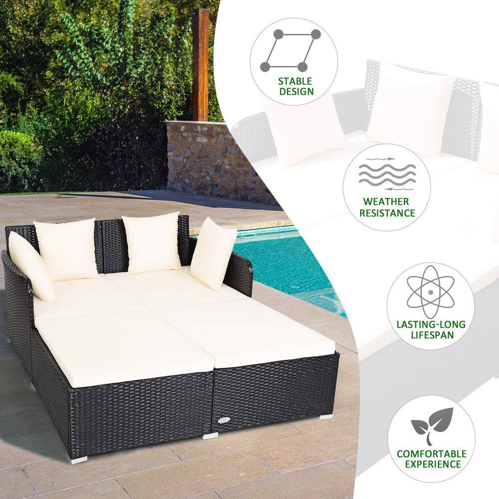 Black 1-Piece Metal Wicker Outdoor Day Bed with White Cushions