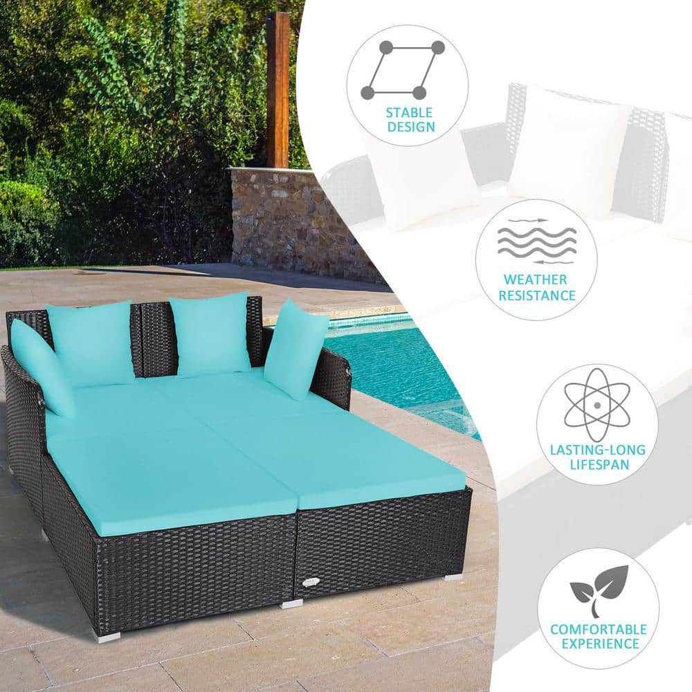 Black 1-Piece Metal Wicker Outdoor Day Bed with Turquoise Cushions