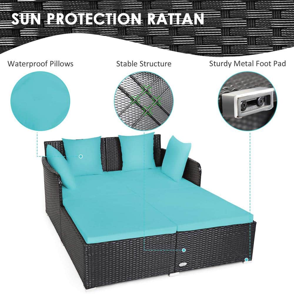 Black 1-Piece Metal Wicker Outdoor Day Bed with Turquoise Cushions