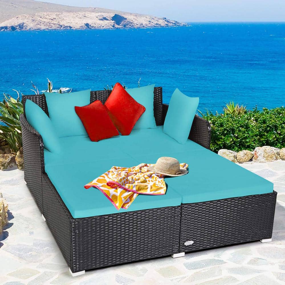 Black 1-Piece Metal Wicker Outdoor Day Bed with Turquoise Cushions