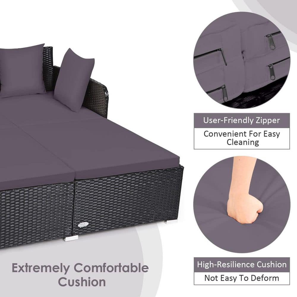 Black 1-Piece Metal Wicker Outdoor Day Bed with Gray Cushions