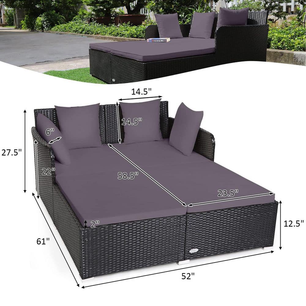 Black 1-Piece Metal Wicker Outdoor Day Bed with Gray Cushions