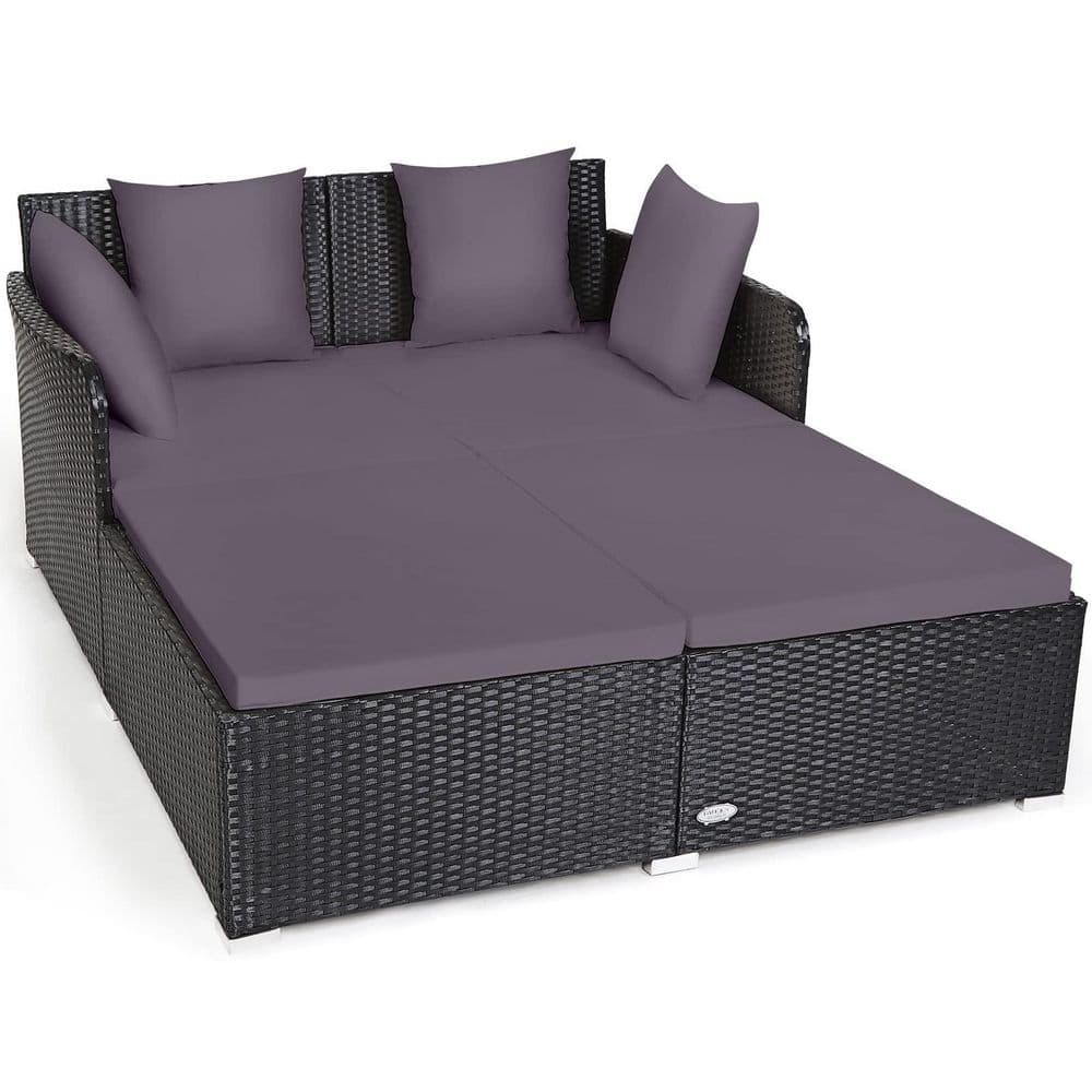 Black 1-Piece Metal Wicker Outdoor Day Bed with Gray Cushions