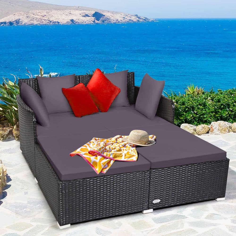 Black 1-Piece Metal Wicker Outdoor Day Bed with Gray Cushions