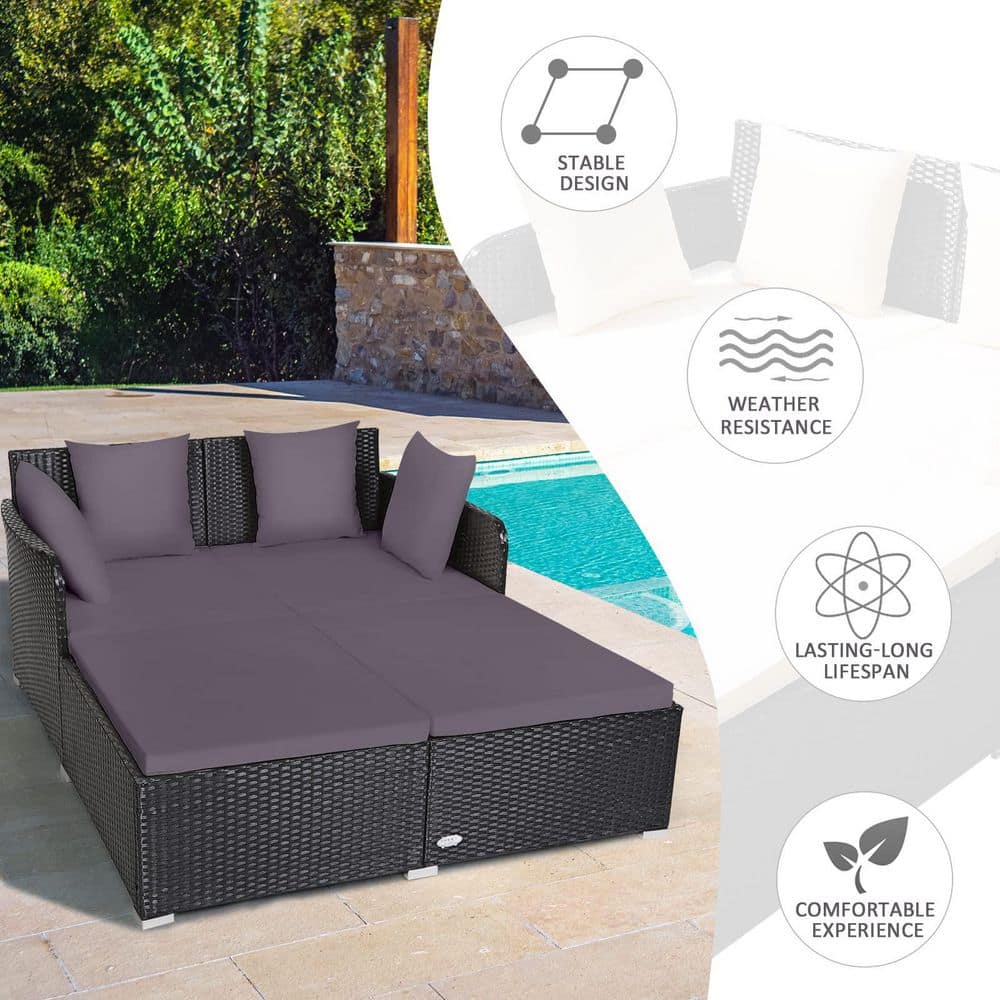 Black 1-Piece Metal Wicker Outdoor Day Bed with Gray Cushions
