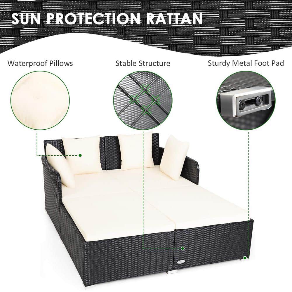 Black 1-Piece Metal Wicker Outdoor Day Bed with White Cushions