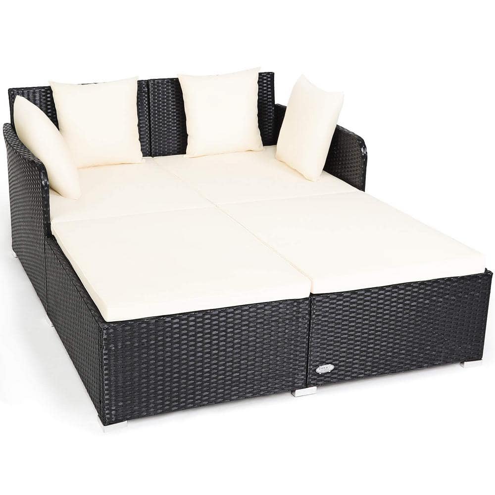 Black 1-Piece Metal Wicker Outdoor Day Bed with White Cushions