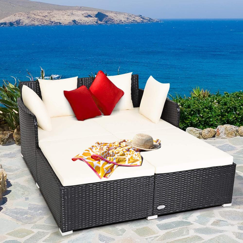 Black 1-Piece Metal Wicker Outdoor Day Bed with White Cushions