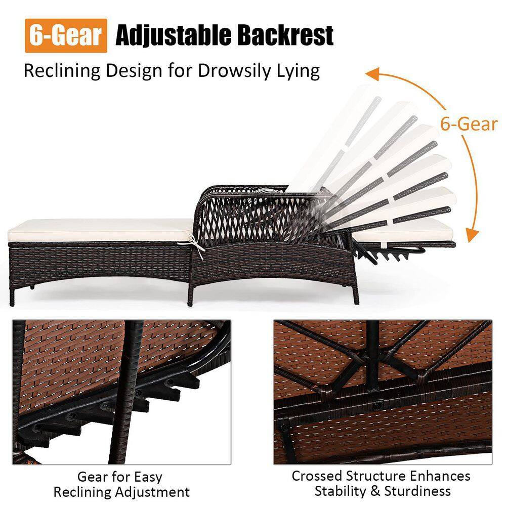 Brown Wicker Outdoor Patio Chaise Lounge with White Cushions