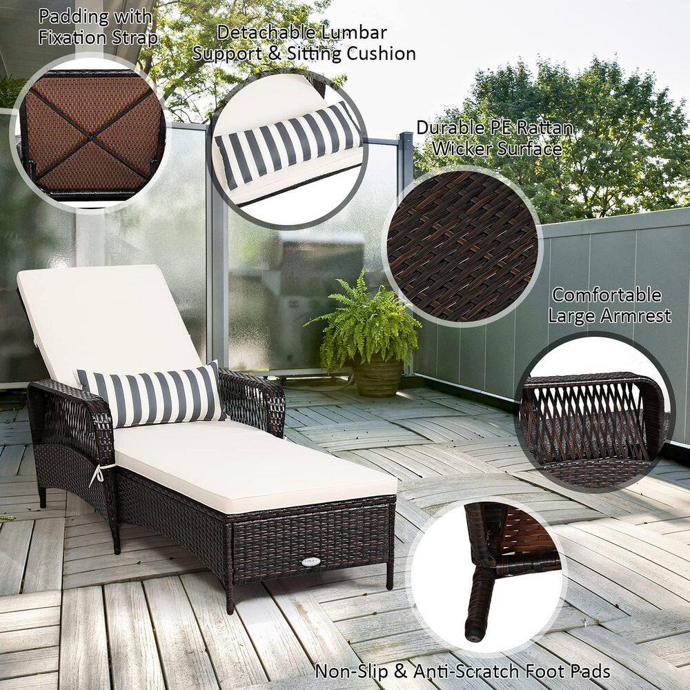 Brown Wicker Outdoor Patio Chaise Lounge with White Cushions