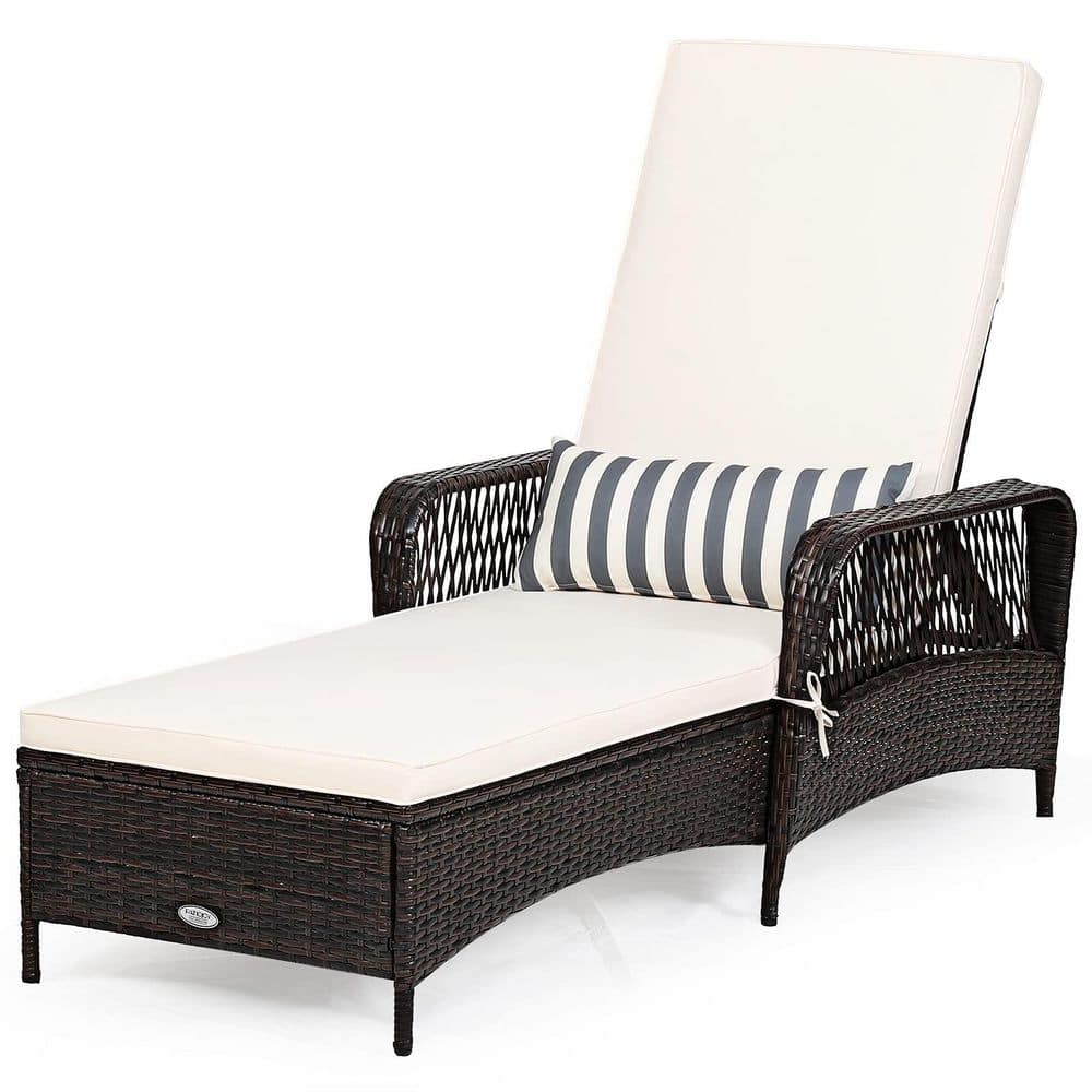 Brown Wicker Outdoor Patio Chaise Lounge with White Cushions