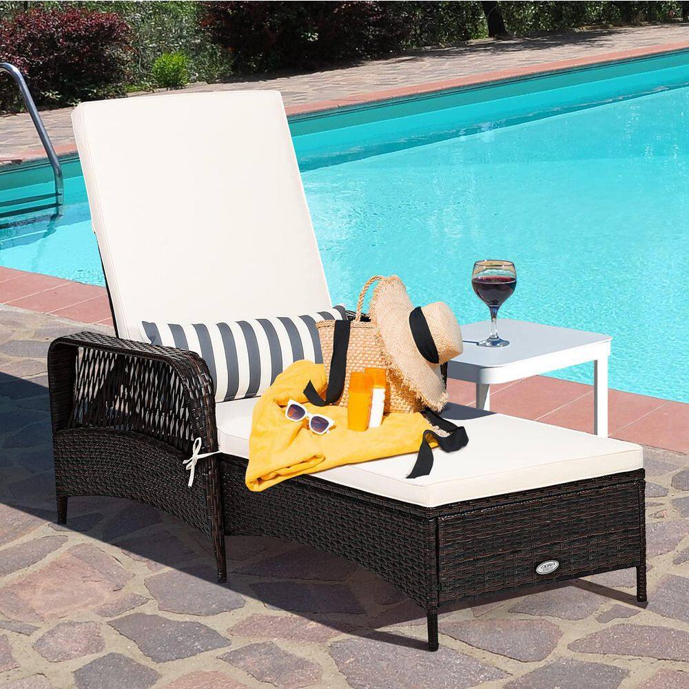 Brown Wicker Outdoor Patio Chaise Lounge with White Cushions