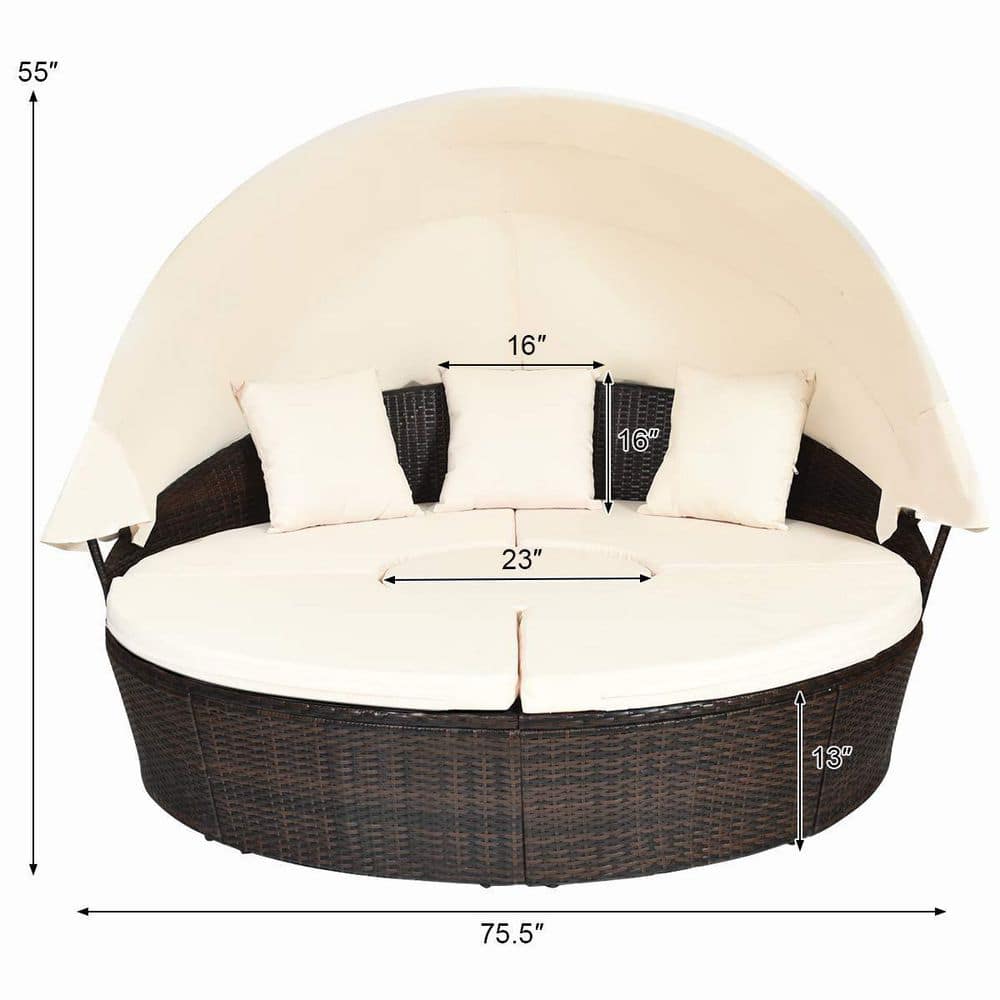Brown Wicker Outdoor Patio Day Bed with White Cushions and Canopy