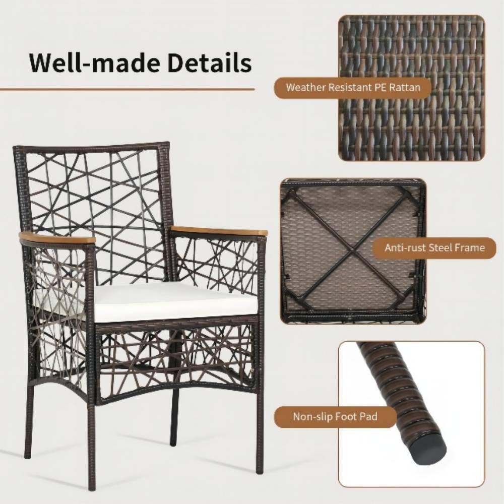 Brown Wicker Outdoor Patio Dining Chair with Armrests and Beige Cushions (2-Pack)