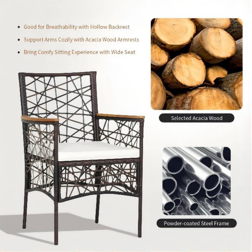 Brown Wicker Outdoor Patio Dining Chair with Armrests and Beige Cushions (2-Pack)
