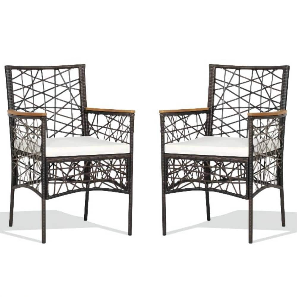 Brown Wicker Outdoor Patio Dining Chair with Armrests and Beige Cushions (2-Pack)