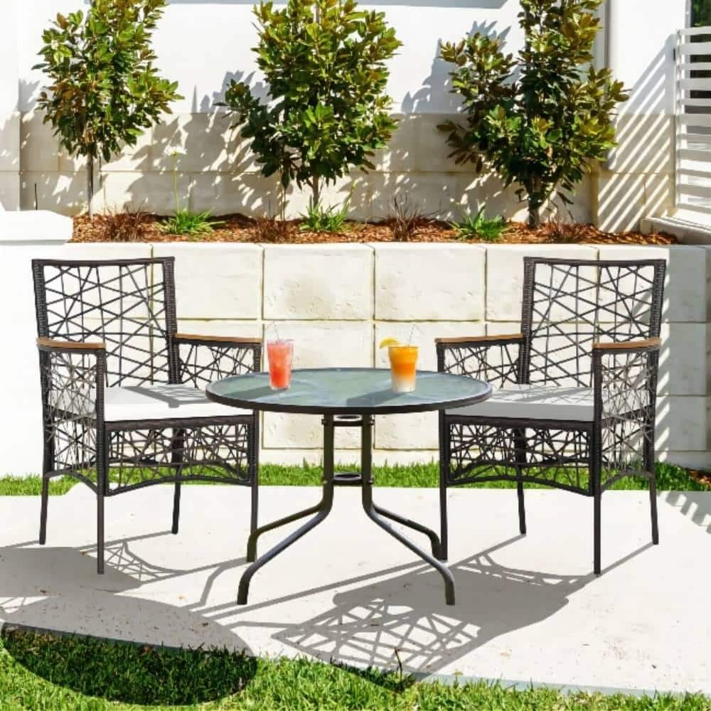 Brown Wicker Outdoor Patio Dining Chair with Armrests and Beige Cushions (2-Pack)