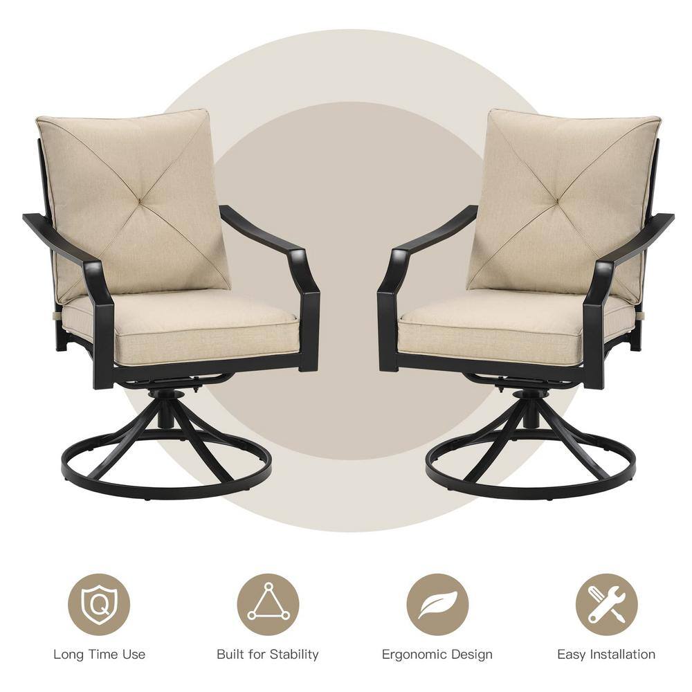 Black Steel Outdoor Patio Swivel Dining Chairs with Beige Cushion (2-Pack)