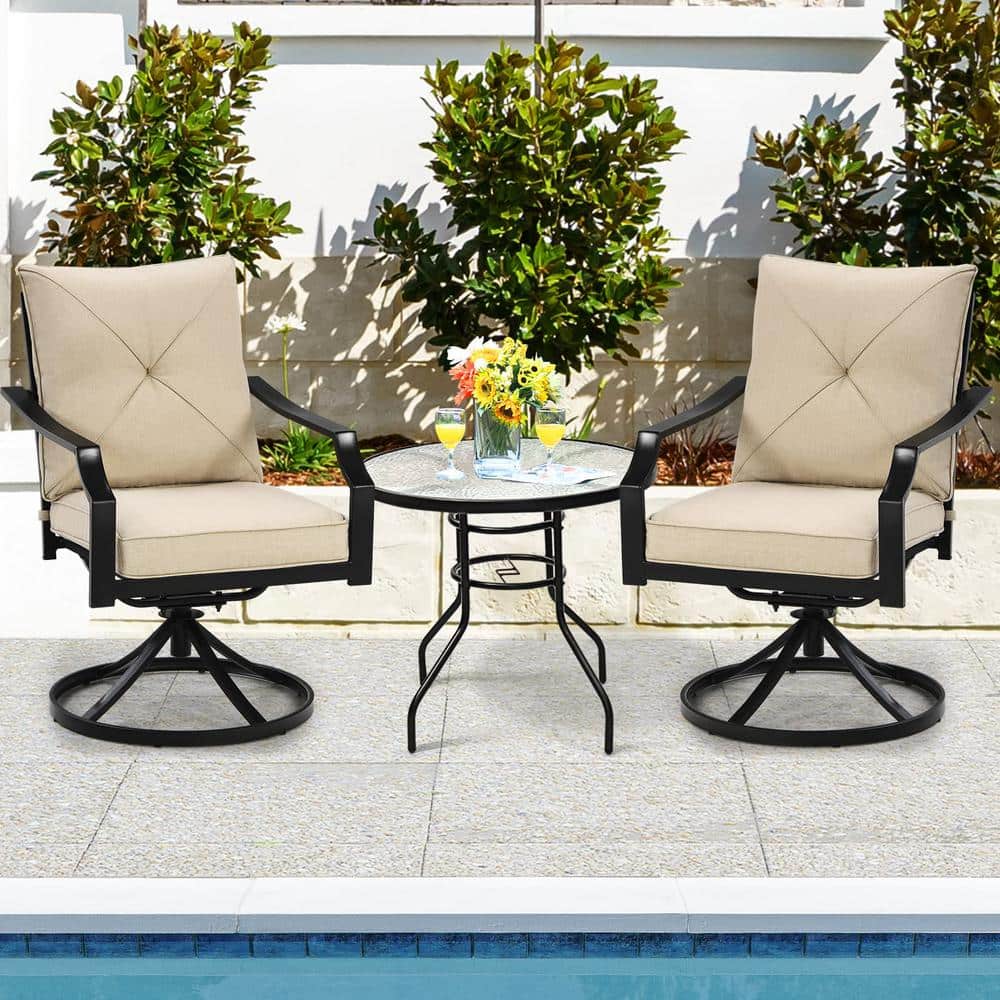 Black Steel Outdoor Patio Swivel Dining Chairs with Beige Cushion (2-Pack)
