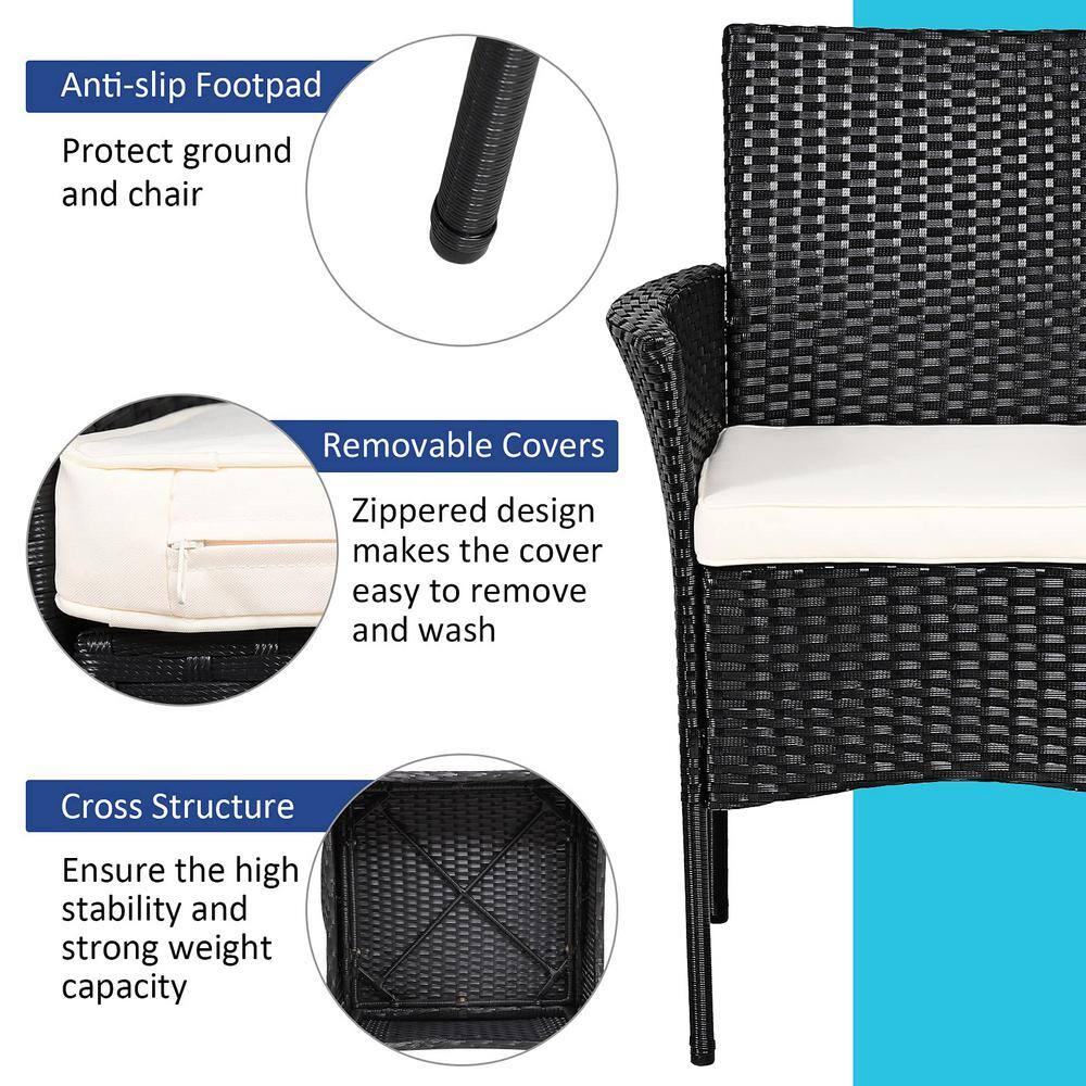 Black Wicker Outdoor Patio Dining Chair with White Cushions (Set of 2)