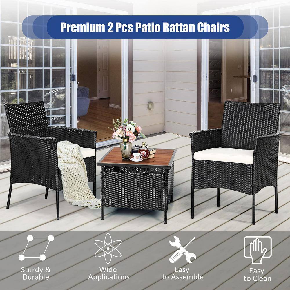 Black Wicker Outdoor Patio Dining Chair with White Cushions (Set of 2)