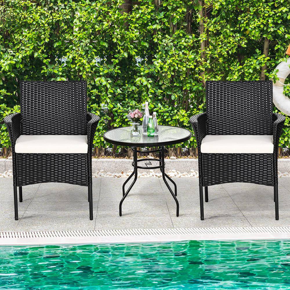 Black Wicker Outdoor Patio Dining Chair with White Cushions (Set of 2)