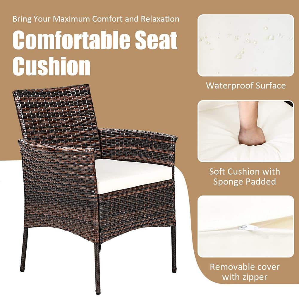 Brown Wicker Outdoor Patio Dining Chair with White Cushions (Set of 2)