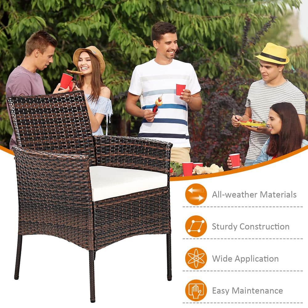 Brown Wicker Outdoor Patio Dining Chair with White Cushions (Set of 2)