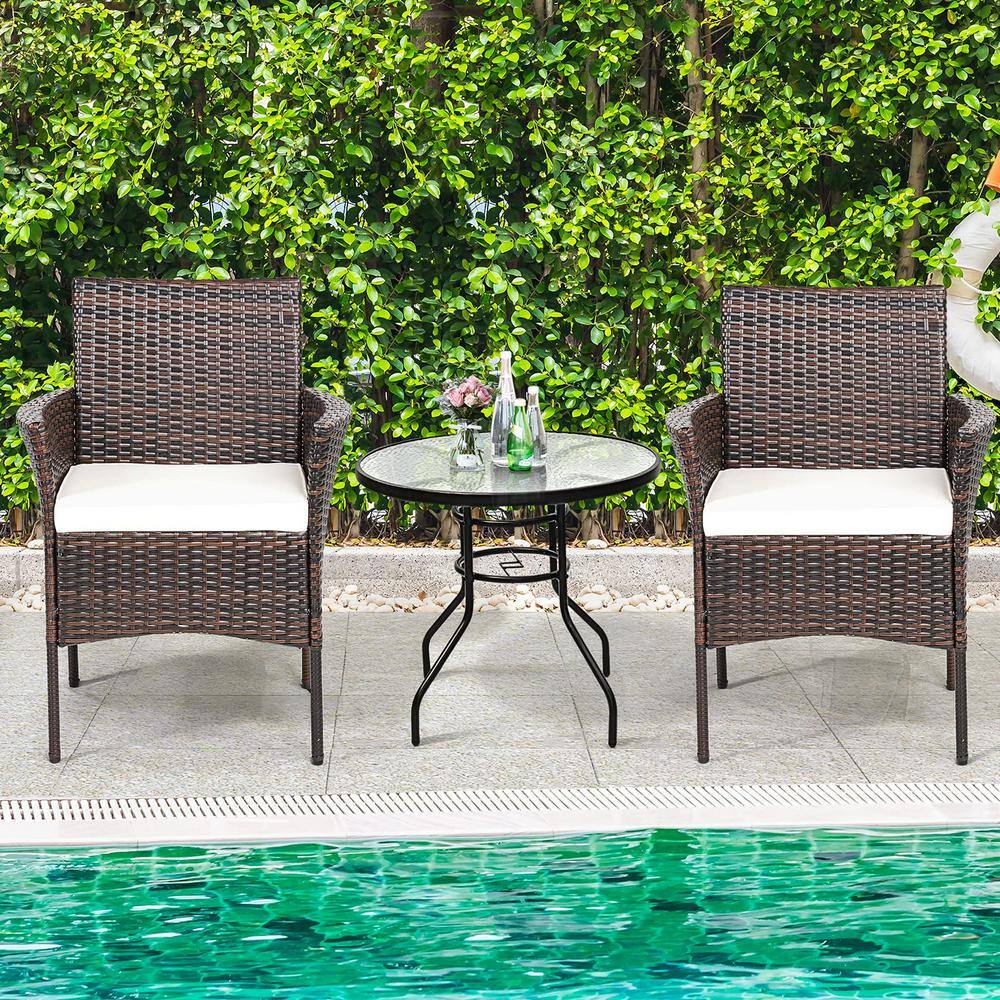 Brown Wicker Outdoor Patio Dining Chair with White Cushions (Set of 2)