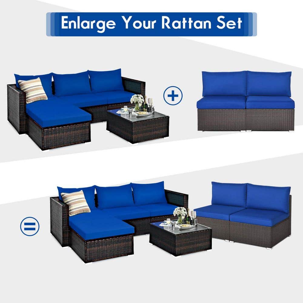 Brown Wicker Outdoor Patio Armless Dining Chair with Navy Blue Cushions (2-Pack)