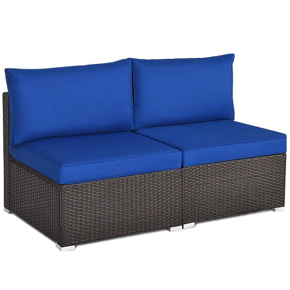 Brown Wicker Outdoor Patio Armless Dining Chair with Navy Blue Cushions (2-Pack)