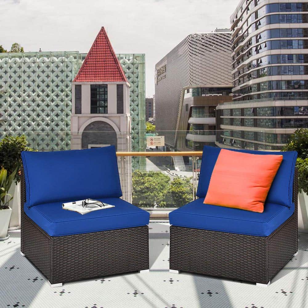 Brown Wicker Outdoor Patio Armless Dining Chair with Navy Blue Cushions (2-Pack)